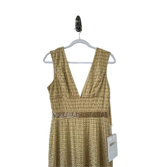 Mac Dugal Beaded V Neck Lined Column Empire Waist Gown Gold Women's Size 4 5625 - Picture 5 of 11